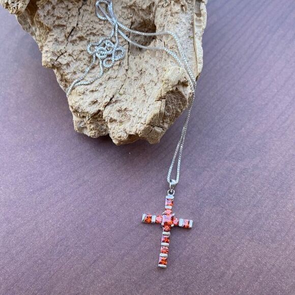 Sterling Silver Cross Necklace-Bole Orange CZ-18" Box Chain - Picture 2 of 8